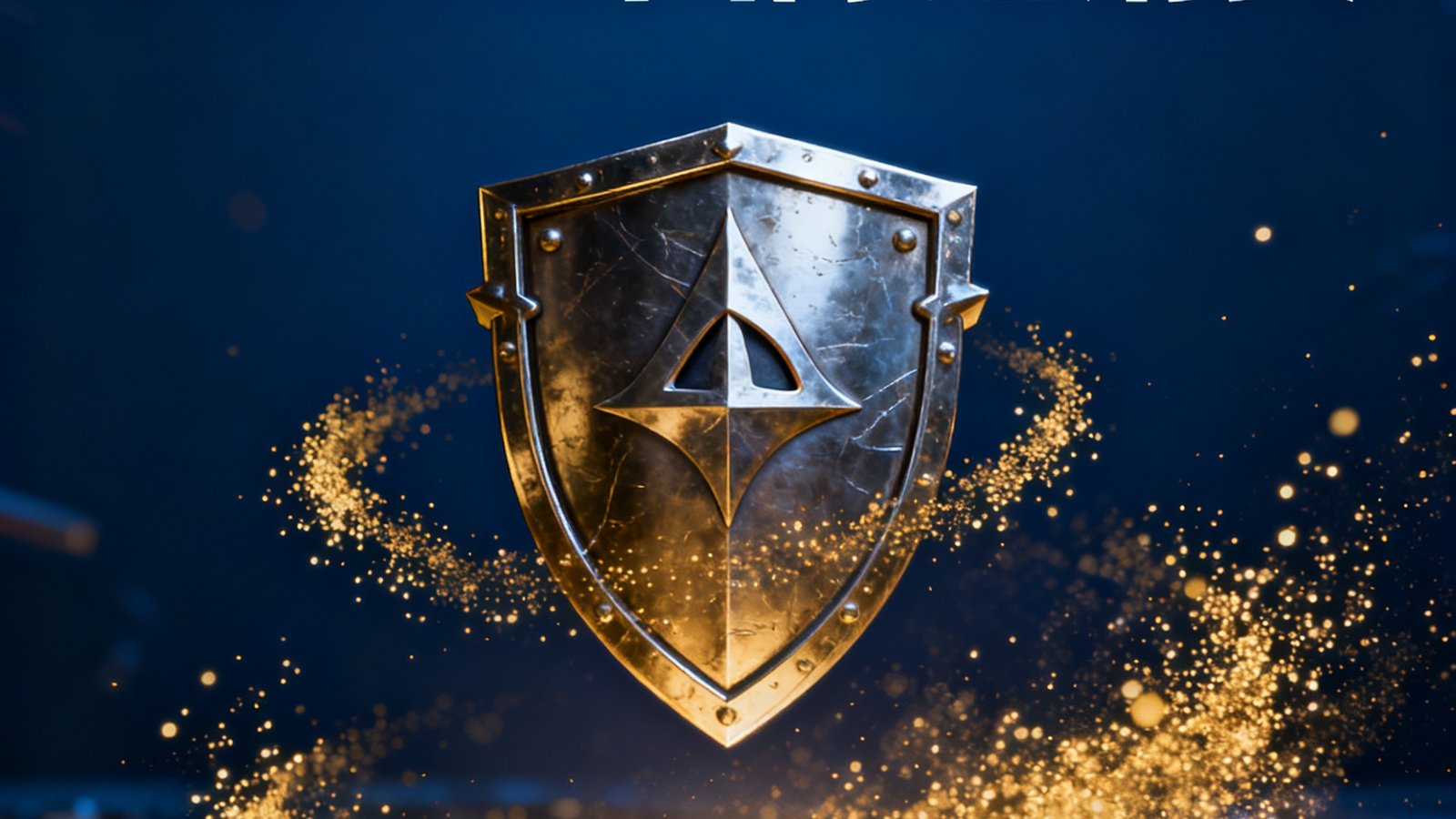 DOTA2国际邀请赛专题文章封面，深蓝色背景上悬浮着冠军盾牌图标，周围环绕着金色粒子特效，标题文字为白色粗体。
