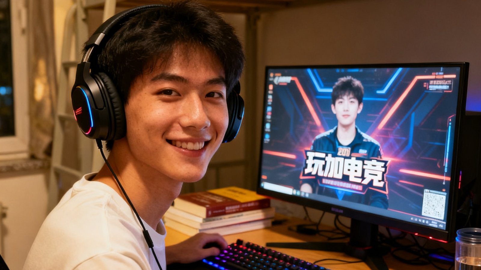 一位20岁出头的男性大学生戴着耳机坐在宿舍书桌前，桌上摆放着机械键盘和电竞鼠标，显示器上正播放着玩加电竞的直播画面，他转头面向镜头露出满意微笑。